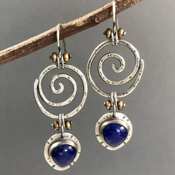 🏷SOLD. Boho dangle earrings Blue hollow stone Antique tribal. NWT 🏆HOST PICK🏆 - Picture 2 of 6